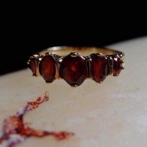 Gold Victorian Five Stoned Red Garnet Ring Size 7
